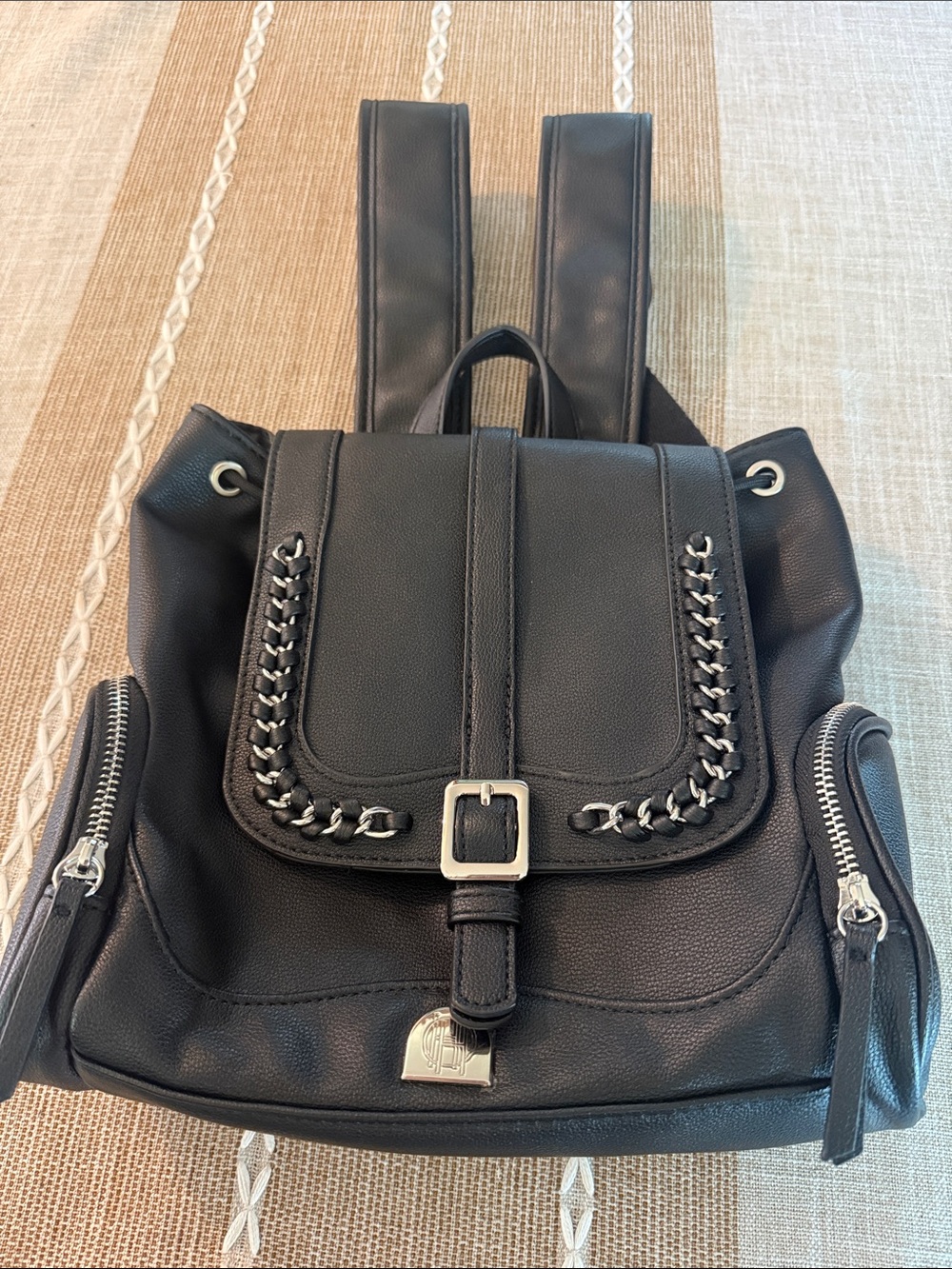 House of Harlow 1960 Black Chain Trim Backpack Faux Leather Buckle